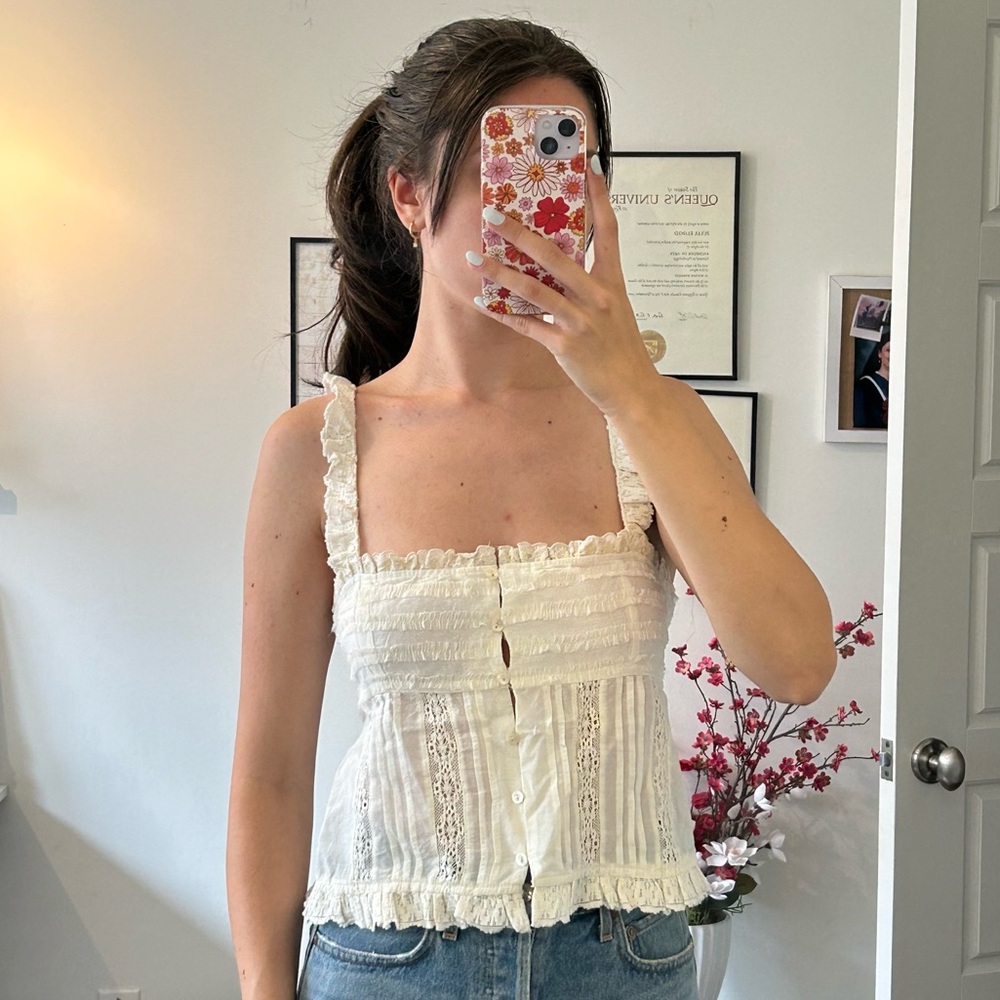 Zara Cream Ruffled Lace-Trim Tank Top
